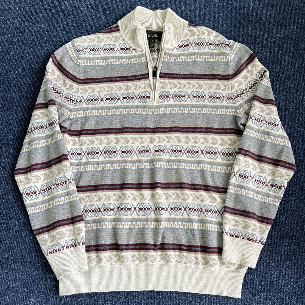 Tasso Elba Sweater Mens Medium 1/4 Zip Mock Neck Striped Pullover Knit Soft